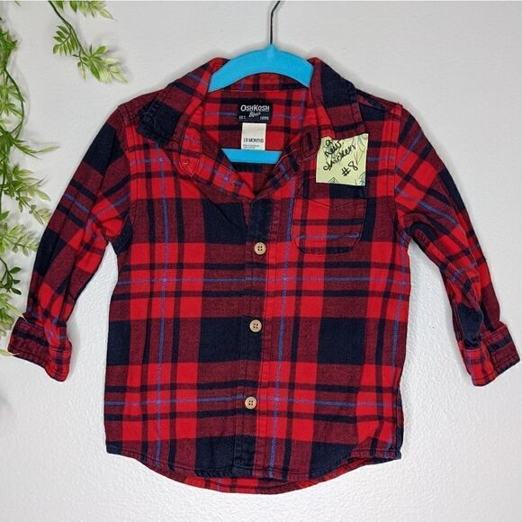 (OshKosh) Kids Red & Blue Plaid Cotton Flannel Button Down 18 Months - Picture 1 of 4
